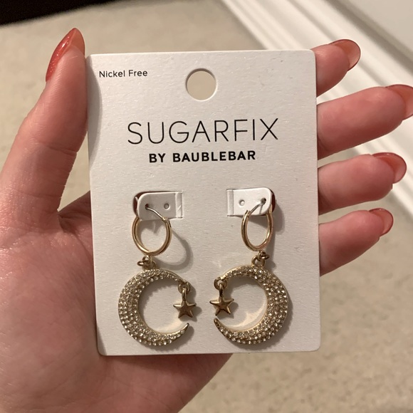 Gold Pavé Crescent Moon and Star Earrings - Picture 1 of 2